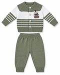 Bear Applique Striped Knit Cardigan & Pants Set