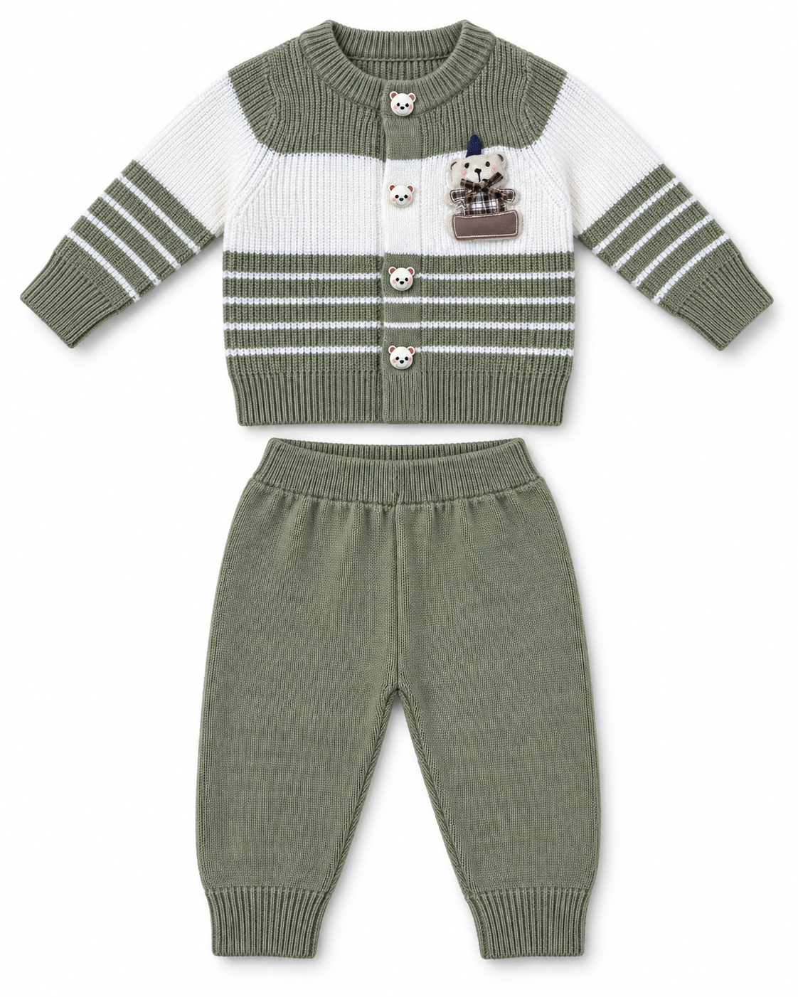 Bear Applique Striped Knit Cardigan & Pants Set