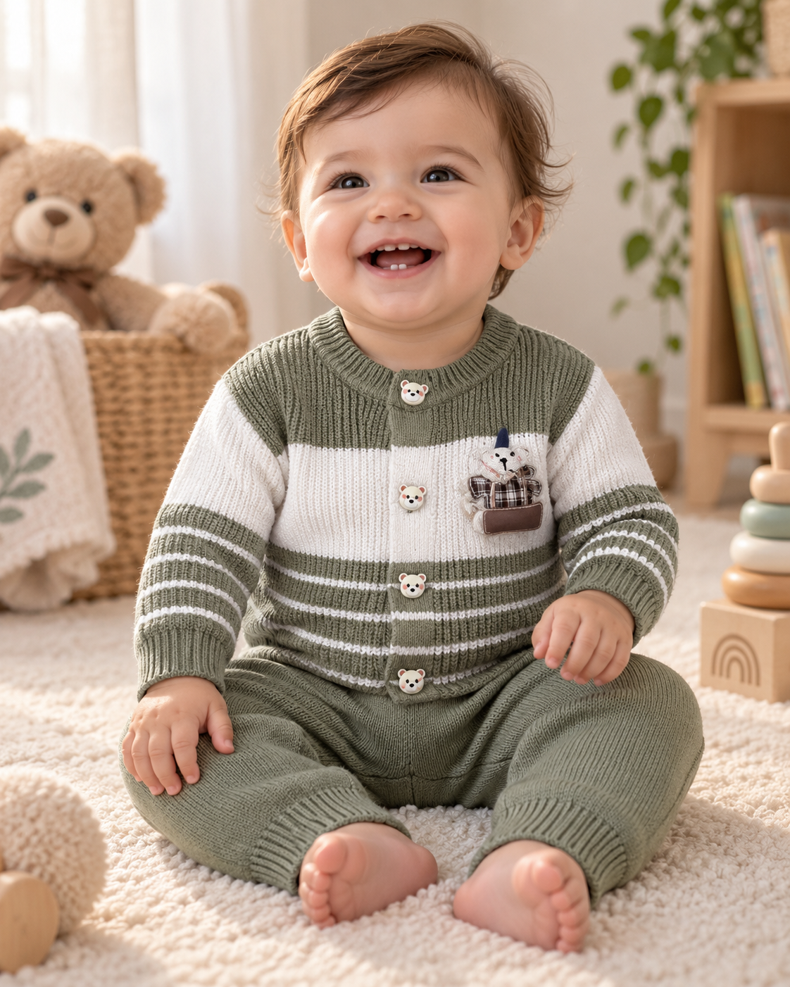 Bear Applique Striped Knit Cardigan & Pants Set