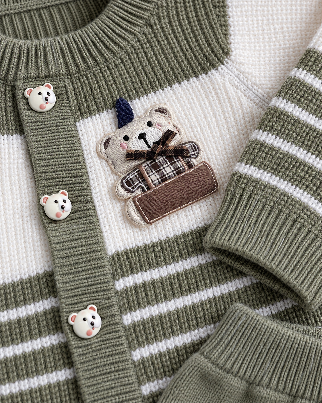 Bear Applique Striped Knit Cardigan & Pants Set