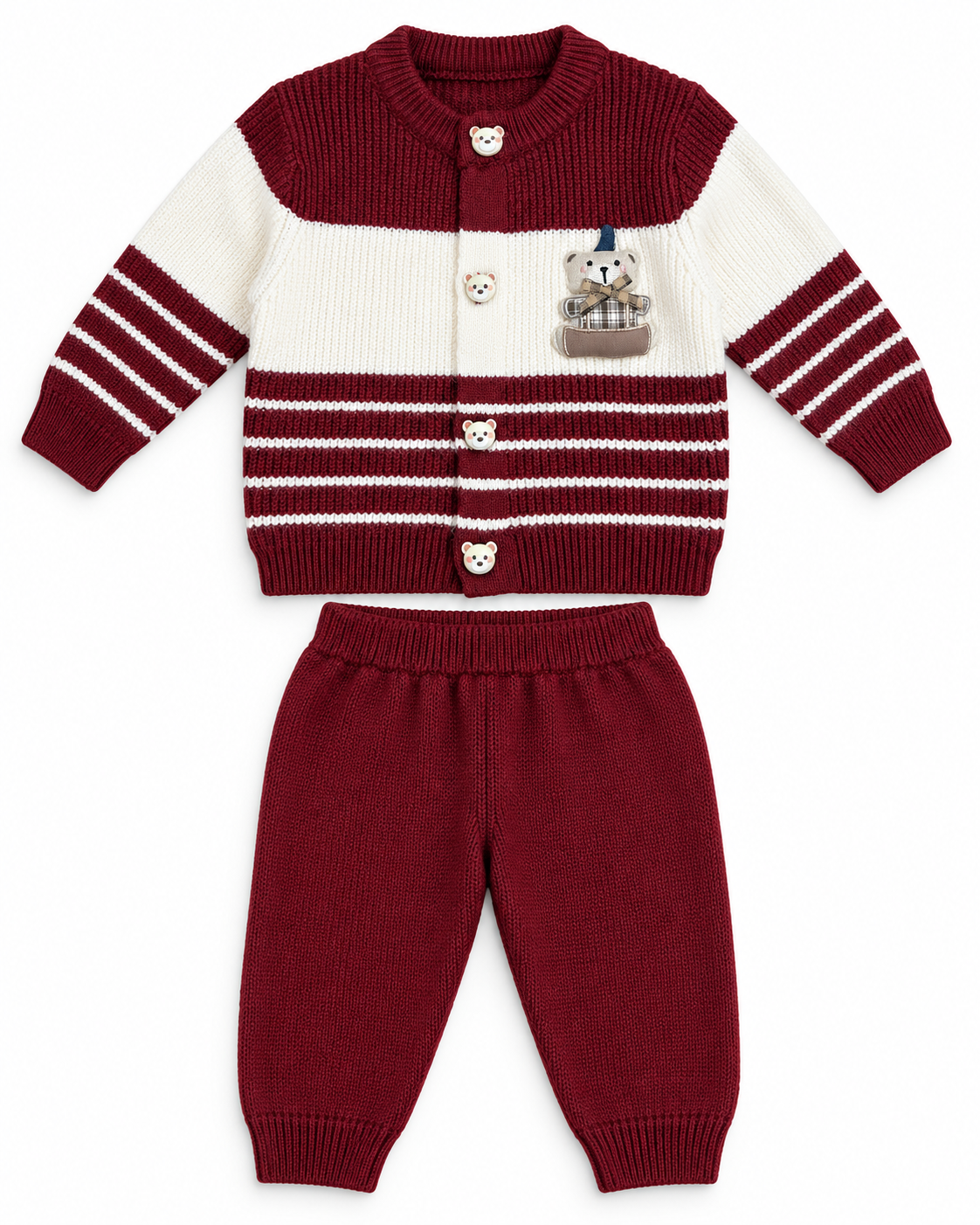 Bear Applique Striped Knit Cardigan & Pants Set