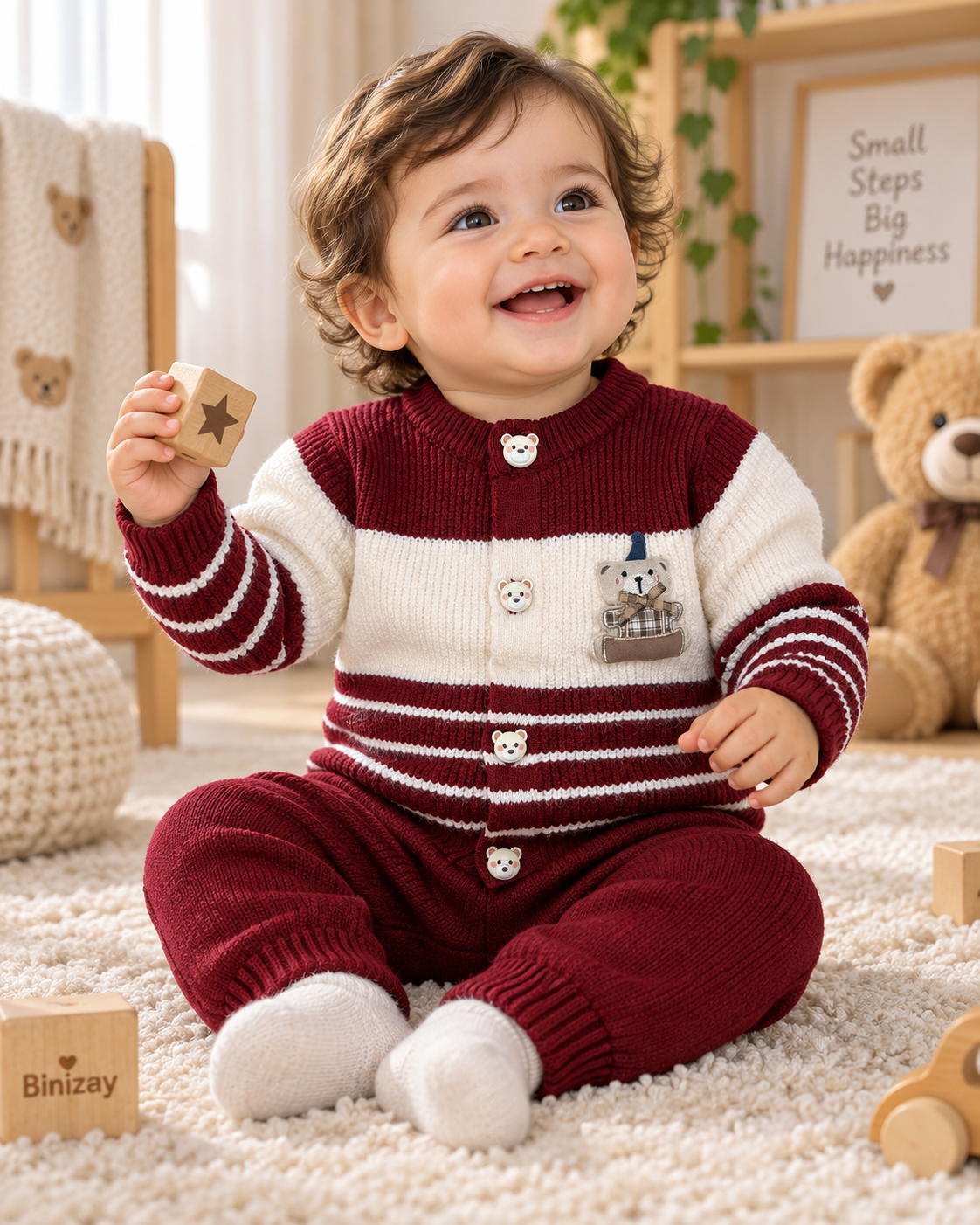 Bear Applique Striped Knit Cardigan & Pants Set