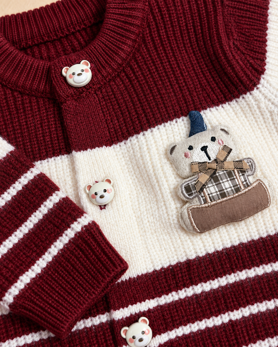 Bear Applique Striped Knit Cardigan & Pants Set